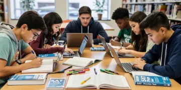 Students preparing diligently for the SAT exam at a university library, focusing on achieving high scores.
