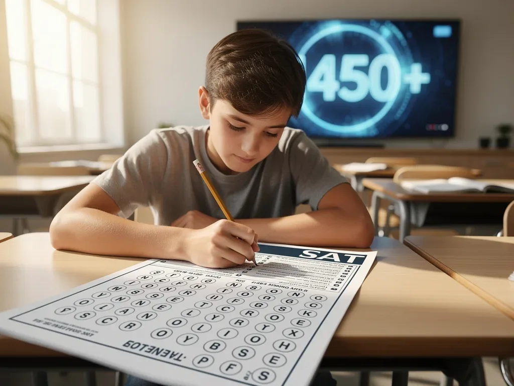 Student confidently achieving a high SAT score, symbolising success in test preparation.