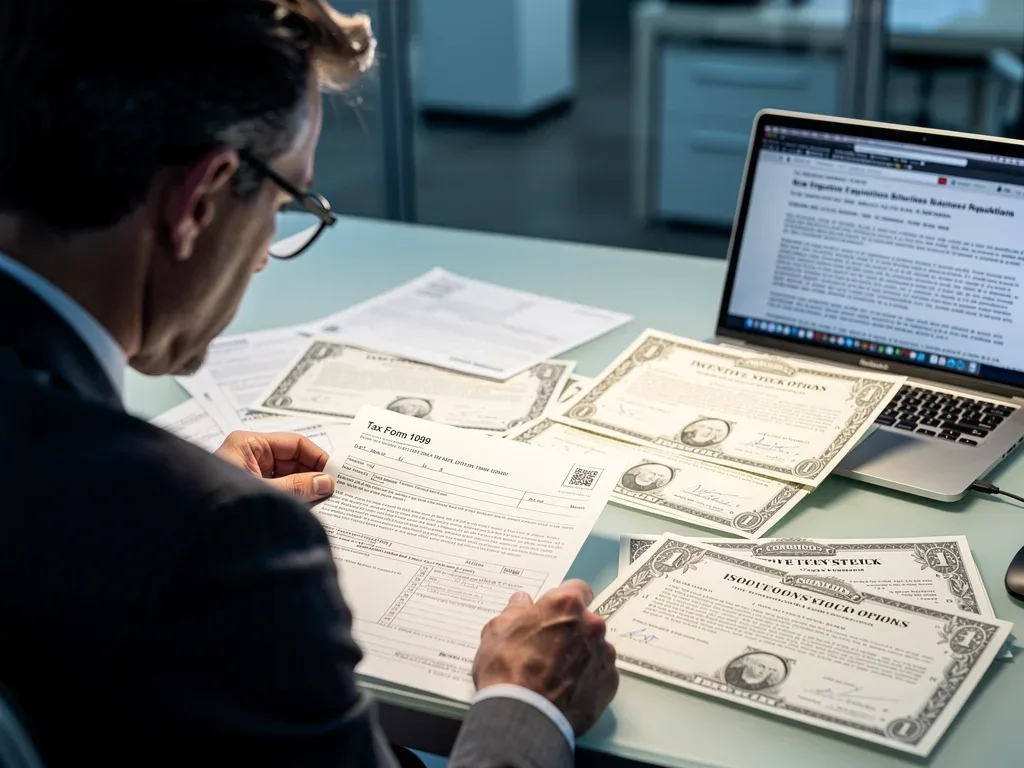 Person reviewing tax forms and stock option documents due to new AMT thresholds.