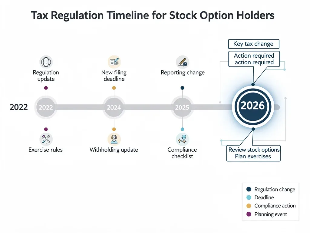 Timeline illustrating the progression of tax law changes towards the 2026 AMT thresholds for stock options.