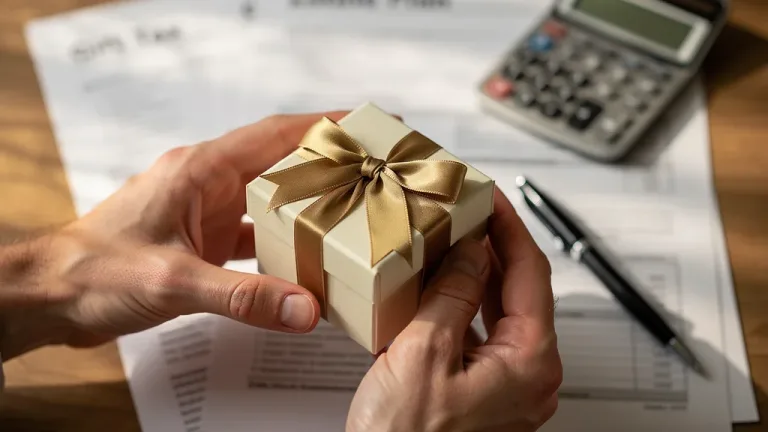 Hands exchanging gift, financial documents, symbolising 2026 IRS Gift Tax Exclusion Limit