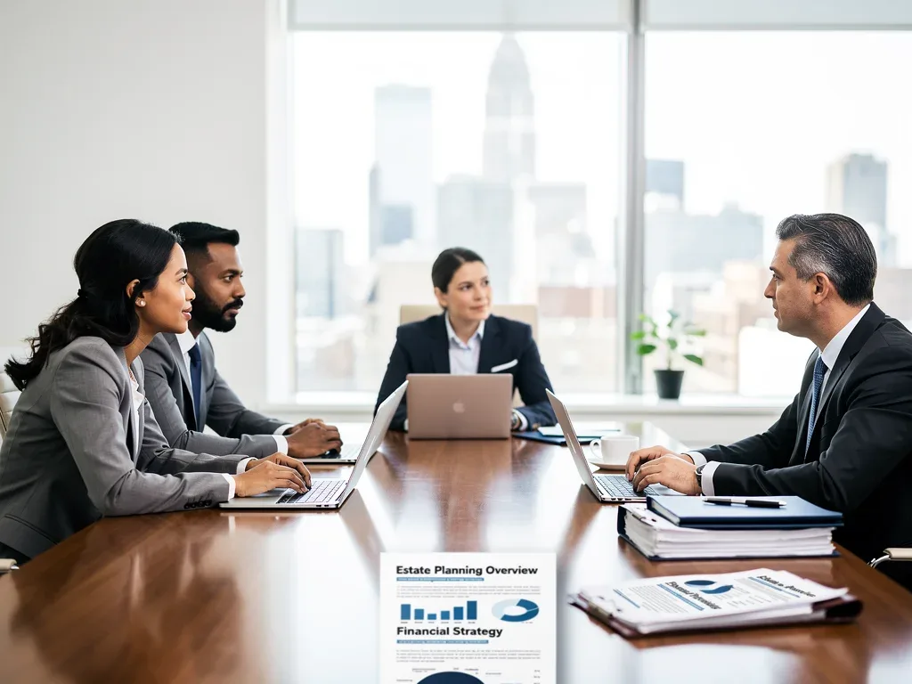 Group discussing estate planning with financial advisor and attorney