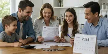 Happy family reviewing tax documents for 2026 fiscal year