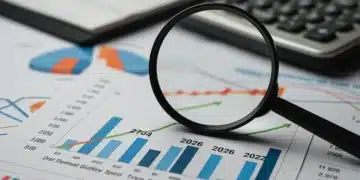 Credit score graph with magnifying glass on 2026, financial documents