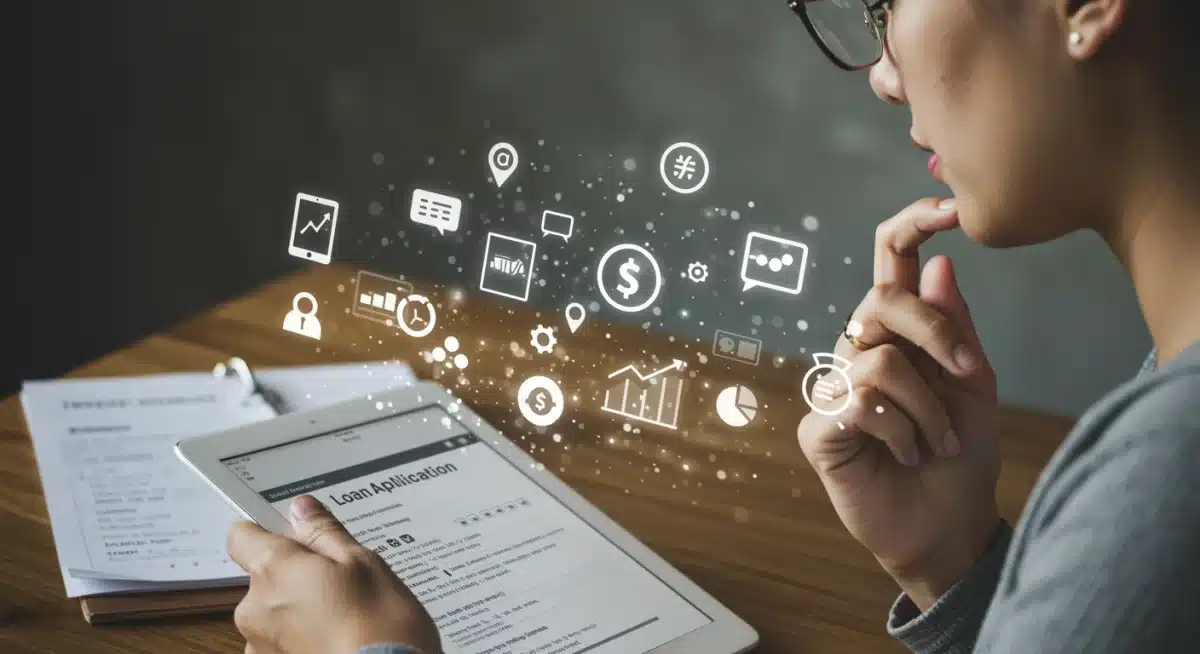 Individual reviewing loan application on tablet, financial icons