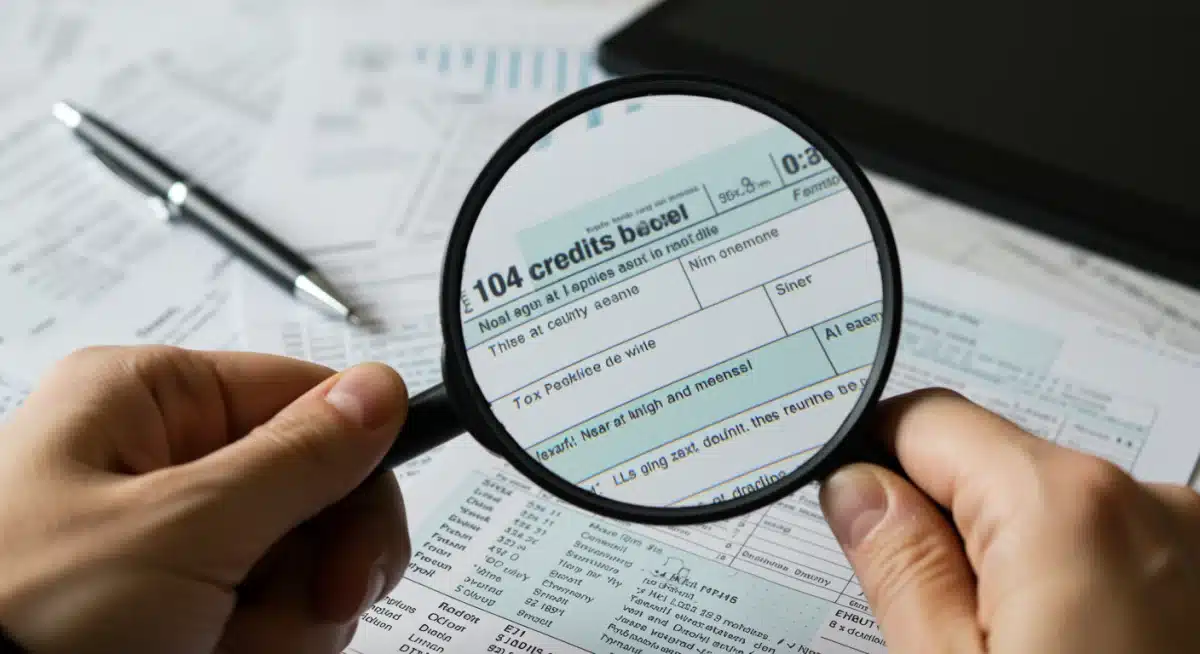 Magnifying glass examining tax form for credits