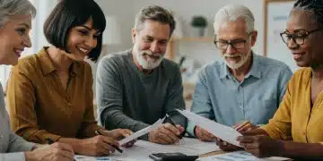 Group of seniors planning retirement finances, discussing Social Security benefits