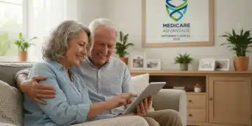 Senior couple comparing Medicare Advantage plans on a tablet for 2026